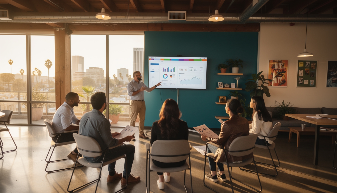Grupo de propietarios de negocios aprendiendo analítica web